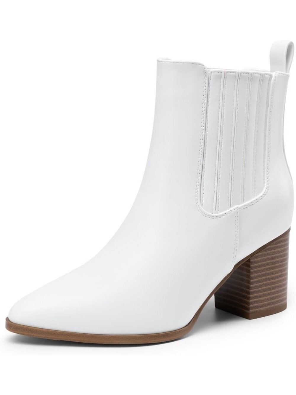 Women's White Pointed Toe Faux Suede Comfortable Chunky Block Heel Ankle Boots
